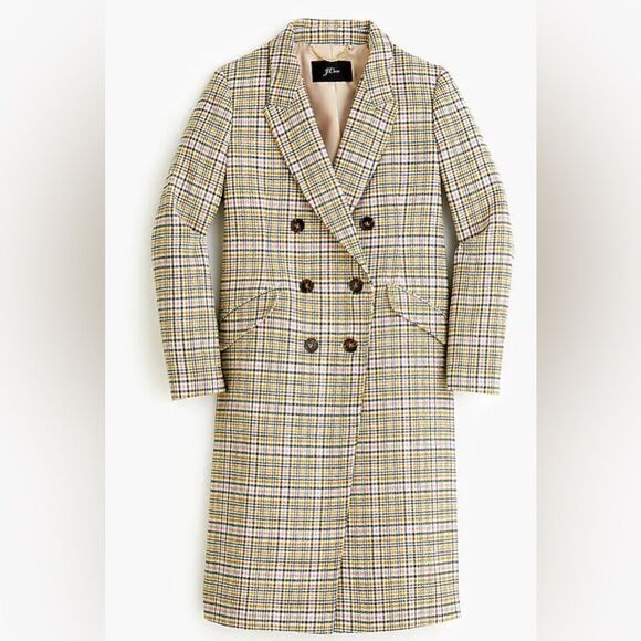 J CREW LONG DOUBLE-BREASTED TOPCOAT IN PLAID WOMENS SIZE 4 CARAMEL ITALIAN WOOL - Picture 2 of 9